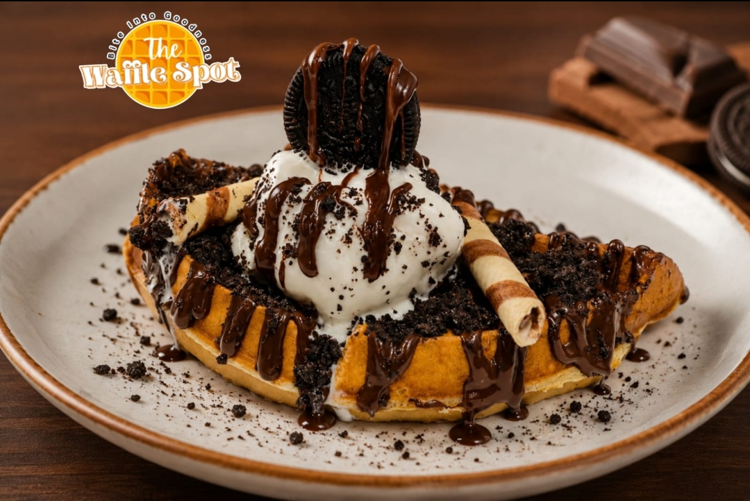 Belgian waffle topped with ice cream, Oreo crumble and chocolate sauce